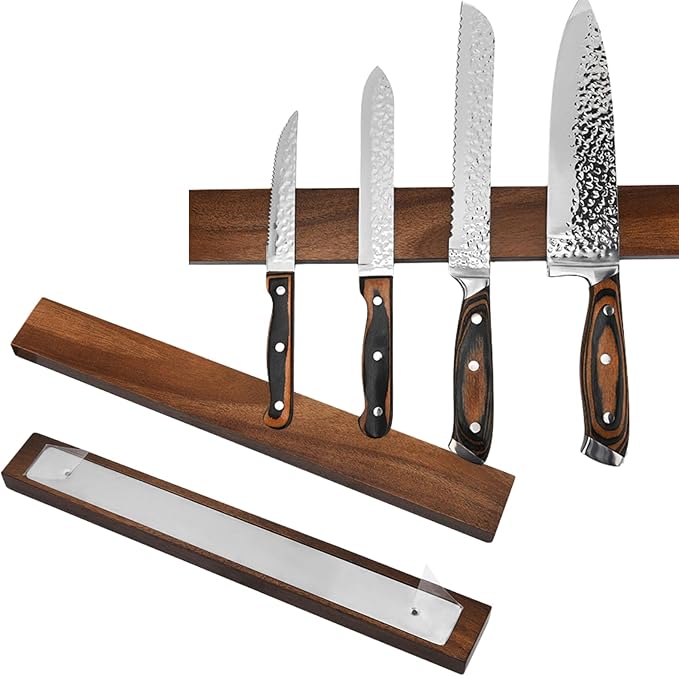 Magnetic Knife and Tool Holder | 1500 Gauss Heavy-Duty Magnet Holds 6 lbs | 16" Detachable Acacia Wood & Steel | for Kitchen Knives, Garage Tools | No-Drill Adhesive or Screw Mount
