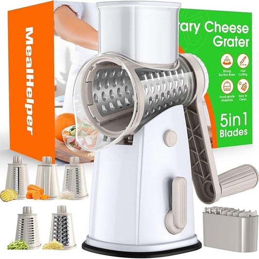 5 Blade Rotary Cheese Grater and Vegetable Chopper with Storage Box and Hand Crank, Compact Shredder for Cheeses, Veggies, Nuts - Easy to Use, Non-slip Suction Base,White