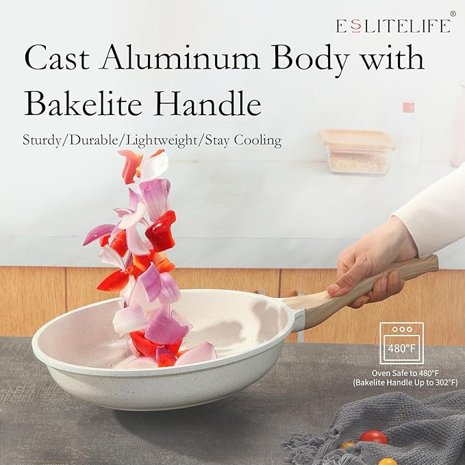 ESLITE LIFE Nonstick Ceramic Frying Pan Skillet with Lid, Non-Toxic Egg Omelette Kitchen Cooking Pans Compatible with All Stovetops (Gas, Electric & Induction), PTFE & PFOA Free (White, 8" w/Lid)