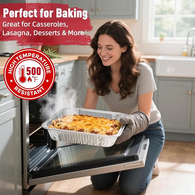 Aluminum Pans Half Size, 9x13, Heavy Duty Disposable Foil Pans for Baking, Roasting, Cooking, Heating, Storing, Deep Tin Foil Bakeware for Oven, Steam Table Tray, Cookware, Food Prepping (40 Pack)