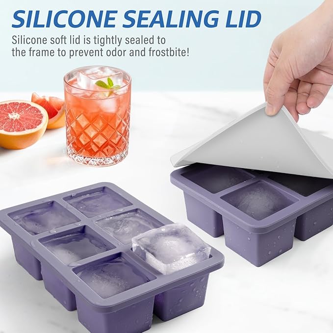 mossime Silicone Ice Cube Tray: 2pack Square Whiskey Large Ice Cube Molds - Old Fashioned Ice Cube Trays with Lid - 2inch Easy Release Big Freezer Mold for Cocktail Baby Food Soup & Juice
