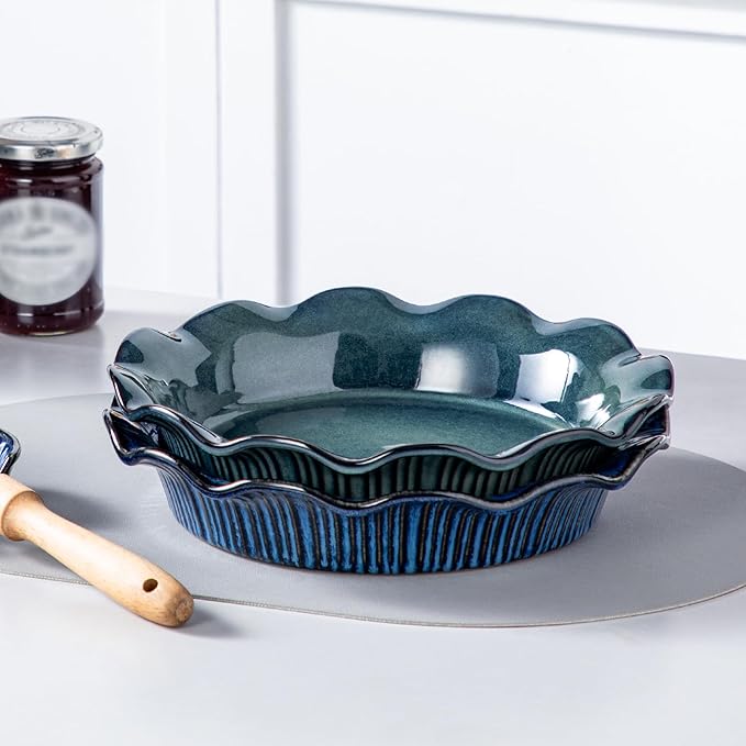 vancasso Stern Ceramic Pie Pan for Baking, 9 Inch Pie Plates with Ruffled Edge, Deep Dish Pie Pan for Apple Pie and Quiche, Large Pot Pie Baking Dishes, Thanksgiving Gifts - Green