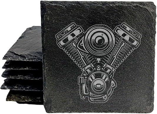 Rev Up Your Ride: V-Twin Engine Coasters for Bikers - Square Slate - Set of 6