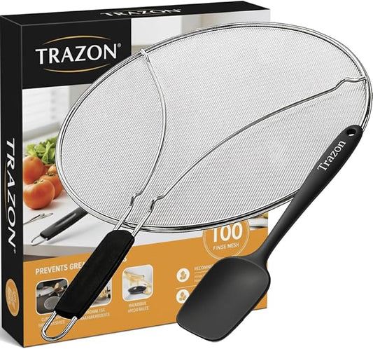 Grease Splatter Screen for Frying Pan 13 inch - Stops 99% of Hot Oil Splash - Protects Skin from Burns - Splatter Guard for Cooking - Iron Skillet Lid Keeps Kitchen Clean, includes Silicone Spatula