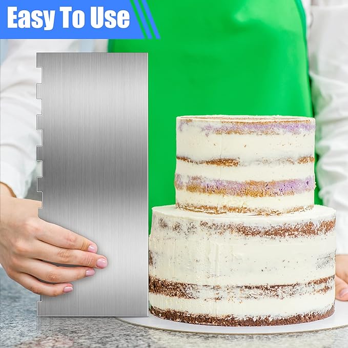 Geiserailie 4 Pieces Stainless Steel Cake Scraper Smoother Large Double Sided Patterned Edge Stripe 9 Inch Metal Cake Decorating Comb for Icing Mousse Butter Cream Decoration, 4 Styles