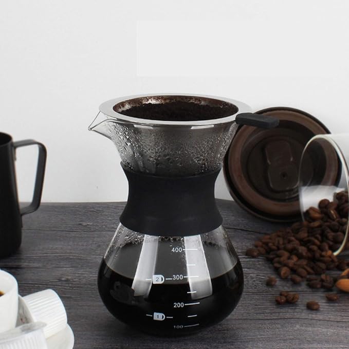 Joyzan Pour Over Coffee Maker, High-Heat Paperless Glass Drip Dripper Brewer Carafe with Reusable Stainless Steel Filter Scale Line Paperless Removable Portable Pot Set Clear Camping Hiking 400ML