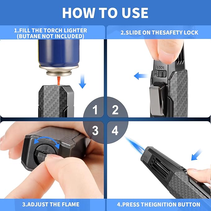 Butane Torch Lighter,Windproof Refillable Kitchen Cooking Torch,Adjustable Flame Solar Beam Blow Torch with Safety Lock for Candle Camping BBQ (Not Included Butane Gas) (Black)