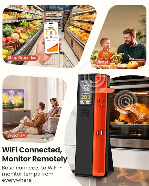 Wireless Bluetooth Smart Meat Thermometer: ±0.5°F Accuracy, 1 Probe with 6 Sensors - WiFi Digital Thermometer with LED Base, NIST Certified Accuracy, Long-Range for BBQ, Grill, Smoker, Oven