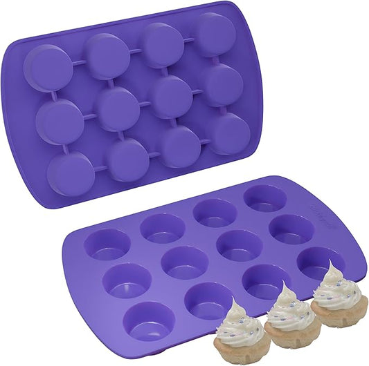 Bakerpan Silicone Mini Muffin Pan Nonstick, Mini Cupcake Pan, Muffin Silicone Molds, 12 Cavities - Set of 2