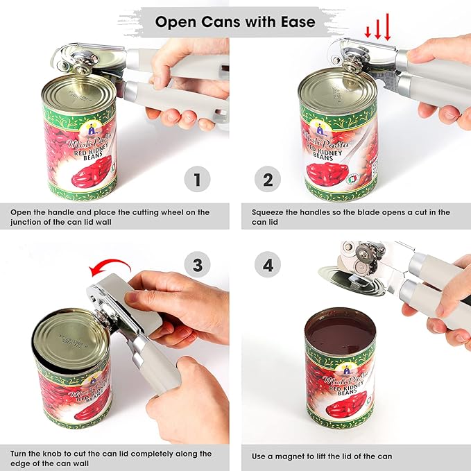 Beneno Heavy Duty Hand Can Opener Manual with Magnet, Durable Sharp Carbon Steel Blade Smooth Cutting, Big Effort-Saving Knob & Soft Grip Handle, Multifunctional Kitchen Tool with Bottle Opener, Beige