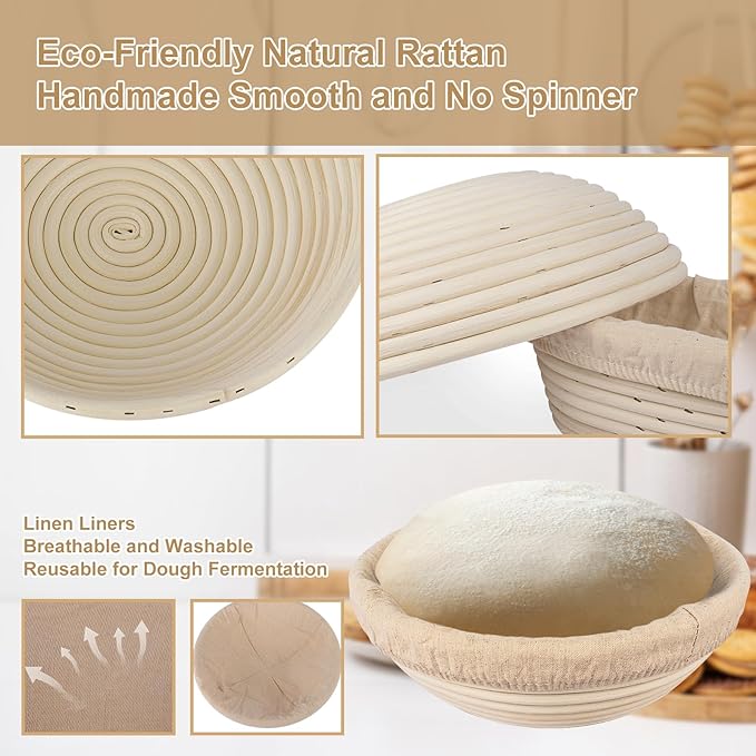 Bread Proofing Basket 2 Set 9 Inch and 10 Inch Round Proofing Basket with Bread Lame and Dough Scraper and Linen Liner Bread Making Tools for Professional and Home Bakers