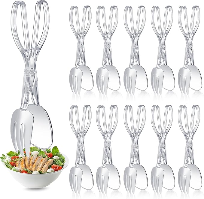Tioncy Set of 12 Plastic Salad Scissor Tongs 11.2 Inches for Serving Reusable Food Tongs, Clear Utensils for Chef Cooking, Kitchen, Buffet, Party, Catering Supplies