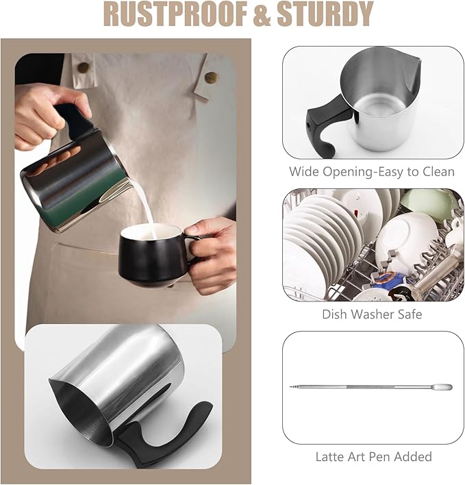 Milk Frothing Pitcher, 32oz Milk Frother Cup 304 Stainless Steel Steaming Pitcher with Art Pen Milk Coffee Jug Cup with Heat-resistant Handle and Scale