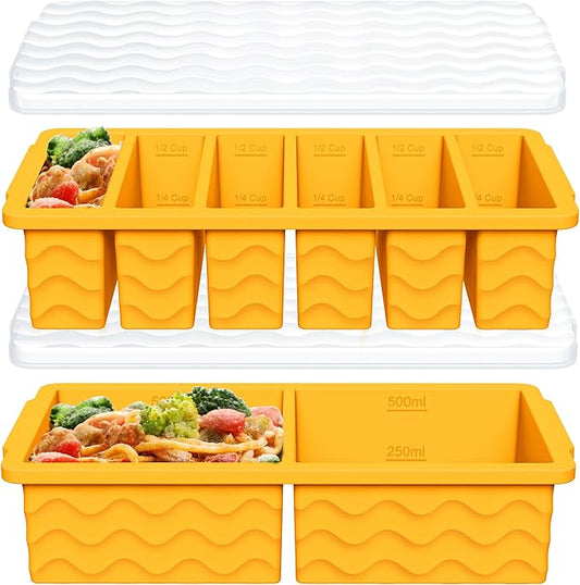 2-Pack Silicone Freezer Trays with Lid, 2 Large 2-Cup(500ml) & 6 Small 1/2-Cup(125ml) Soup Freezer Container Molds, Ice Cube Tray For Meal Prep & Freezing Soup, Stews, Sauces, Oven & Dishwasher-Safe