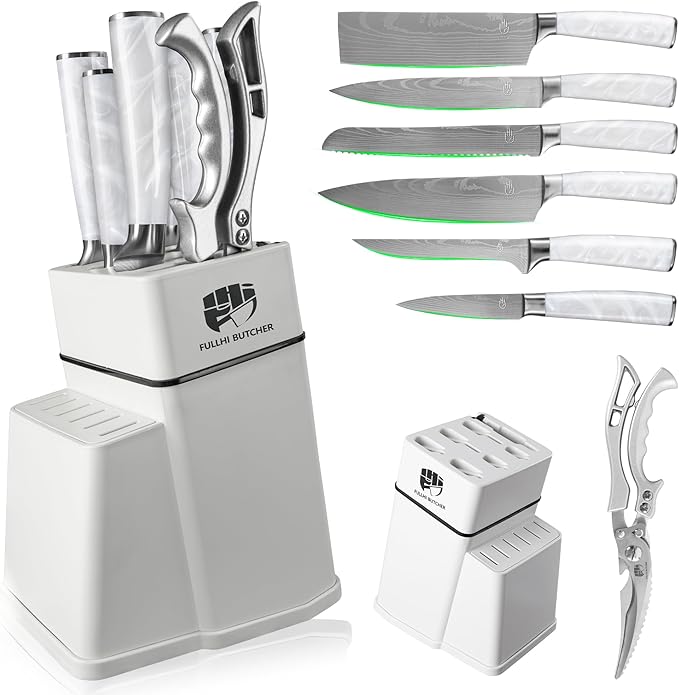 FULLHI 8pcs block Knife Set,chef's Knves Set with Block and Sharpener, Kitchen Knife Set,Multi-colour Handle, Gifts for Men Women