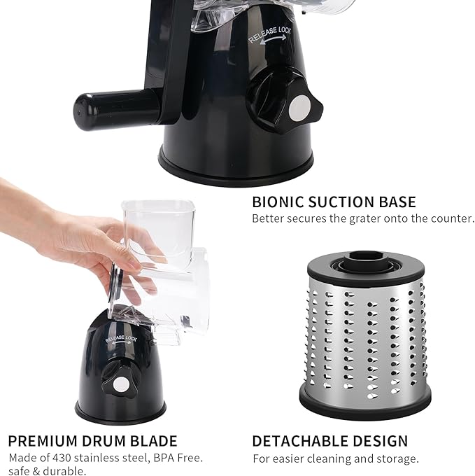 JIUMEXES Rotary Cheese Grater Hand Crank with 3-in-1 Blades – Fast, Safe & Effortless Grating, Perfect for Cheese, Vegetables & Chocolate, BPA-Free, Stable Suction Base