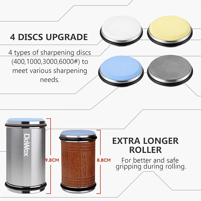 Longer Rolling Knife Sharpener with Leather Strop, Upgraded Rolling Knife Sharpening with 4 Degree Angle and 4PCS Replaceable Honing Discs, Easy to Sharpen Ktichen Knives, Silver