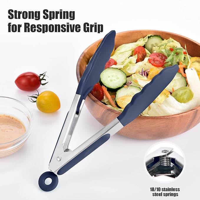 Doosu Kitchen Tongs for Cooking - 600°F Heat Resistant Food Tong with Non-Scratch Silicone Tips, Heavy Duty Stainless Steel Locking Tong for BBQ, Grilling Steak, Serving Salad Pasta (7in, Navy Blue)