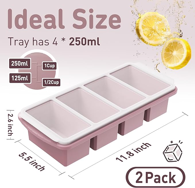 Silicone Freezer Tray with Lid Soup Freezer Container Molds with Steel Reinforced Rim Large Ice Cube Tray Makes 8 Perfect 1 Cup Portions Cubes Storage Food Containers House Essentials for New Home