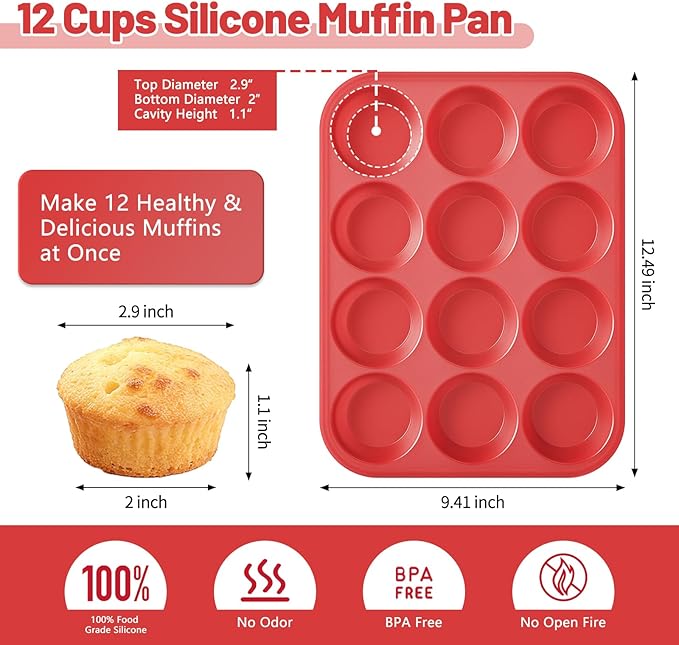 Silicone Muffin Pan with Metal Reinforced Frame,2 Pcs 2.9" Regular Size 12 Cups Egg Bite Mold,Non-Stick,Easy Release,For Egg Muffins, Cupcakes, Large Muffins,Cheesecakes(Orange + Red)
