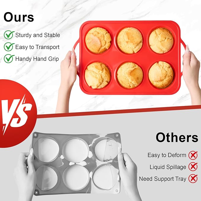 2 Pack Jumbo Muffin Pans with Metal Frame, 6 Cup Large Cupcake Molds with Handles, Silicone Egg Bite Baking Trays, BPA Free & Non-Stick