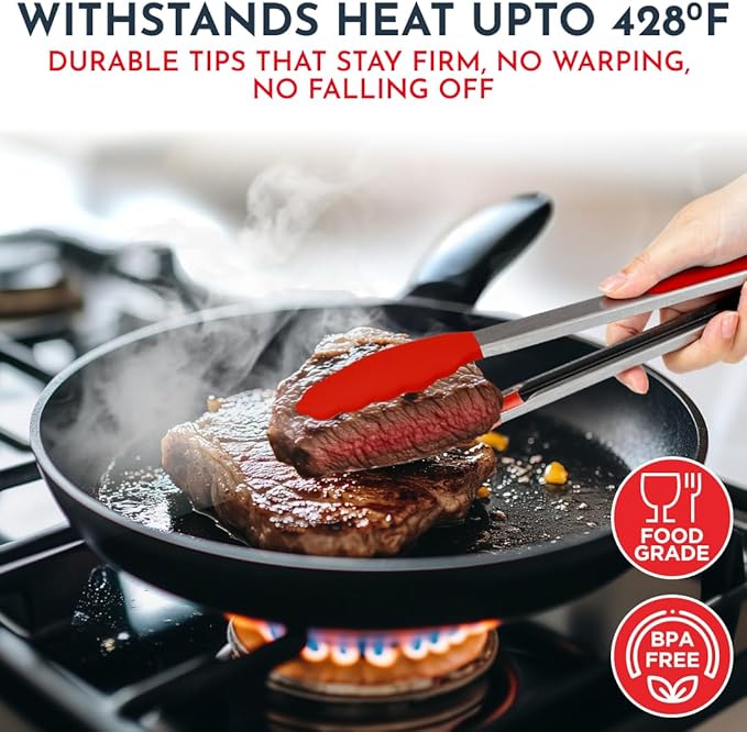 Kitchen Tongs for Cooking with Silicone Tips, Heat Resistant Tongs for Serving Food, 7-Inch, 9-Inch, 12-Inch Locking Silicone Tong, Set of 3 Salad Tong, Mulitcolor Kitchen Utensils