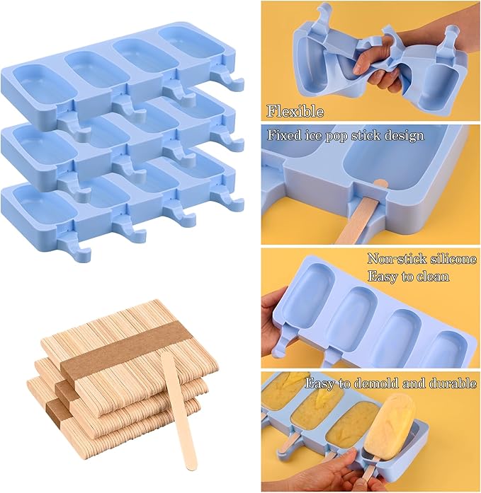 Sakolla Large Silicone Popsicle Molds Set of 3, Oval 4 Cavities Homemade Ice Pop Molds with 150 Wooden Sticks for Ice Cream, Cakesicles, Cake Pop (Blue)