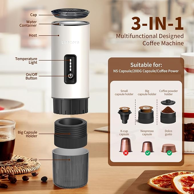Leozora 20Bar Portable Espresso Machine, 7500mAh USB-C Rechargeable, 3-in-1 for Ground Coffee & Nespresso/DG Capsules, Stainless Steel Travel Coffee Machine for Camping, Car, Office，White
