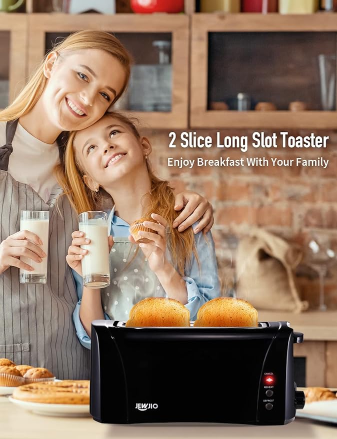 JEWJIO Slim Compact 2 Slice Toaster with Wide Long Slot - Vintage Black, 1000W, Defrost/Reheat/Cancel, 6 Shade Settings, Removable Crumb Tray for Bagels & Waffles