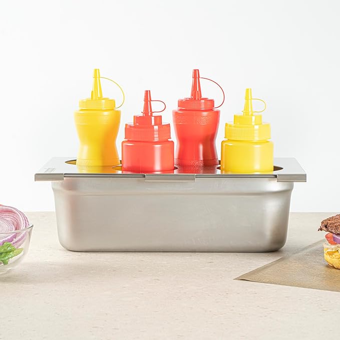 Restaurantware Squeeze Bottle Template Pack of 1 Stainless Steel 4 Hole Holder Top, 3.25" Diameter Fits 1/3 Size Food Pans, Dishwasher Friendly Integrated Lip Design Holder Top for Condiment Bottles