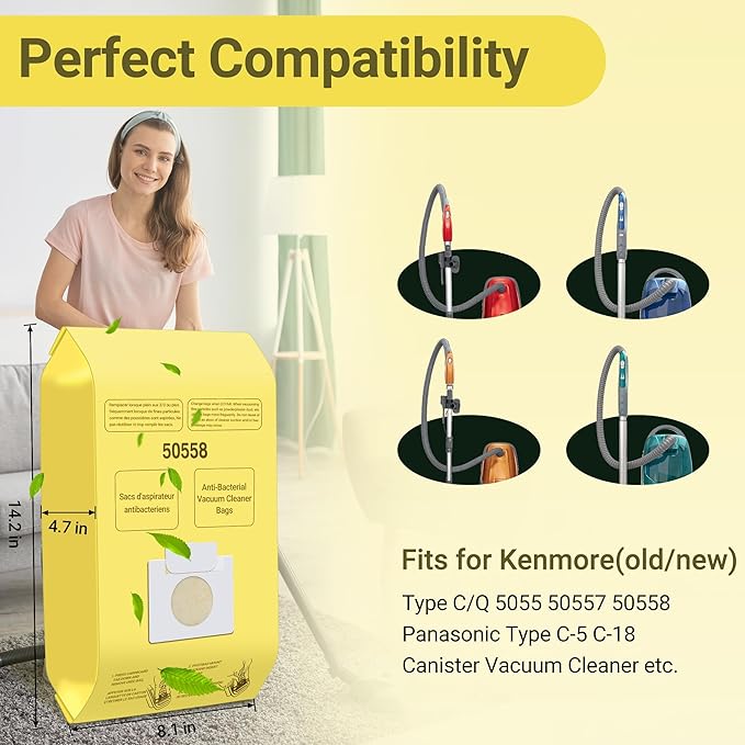 50558 Canister Vacuum Bags Replacement for Kenmore Canister Type C/Q 5055, 50555, 50557, 50558 and Pana·sonic Type C-5, C-18, 200 Series, 400 Series, 600 Series, 800 Seires Vacuum - 12 Pack