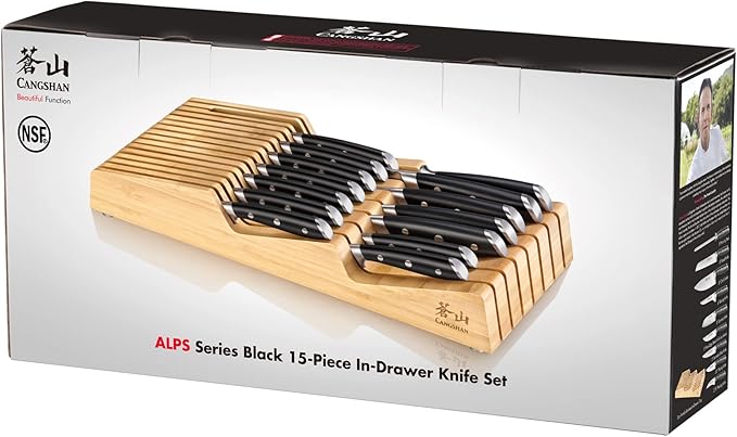 Cangshan ALPS Series 502810 German Steel Forged 15-Piece In-Drawer Knife Set with Bamboo Tray, (Black)