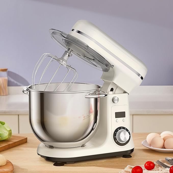 Biolomix Kitchen Electric Stand Mixer, 6 Speed Tilt Head Food Mixer with 6.5 QT Stainless Steel Bowl, Dough Hook, Flat Beater, Whisk and Anti Splash Cover, (6.5QT, White)