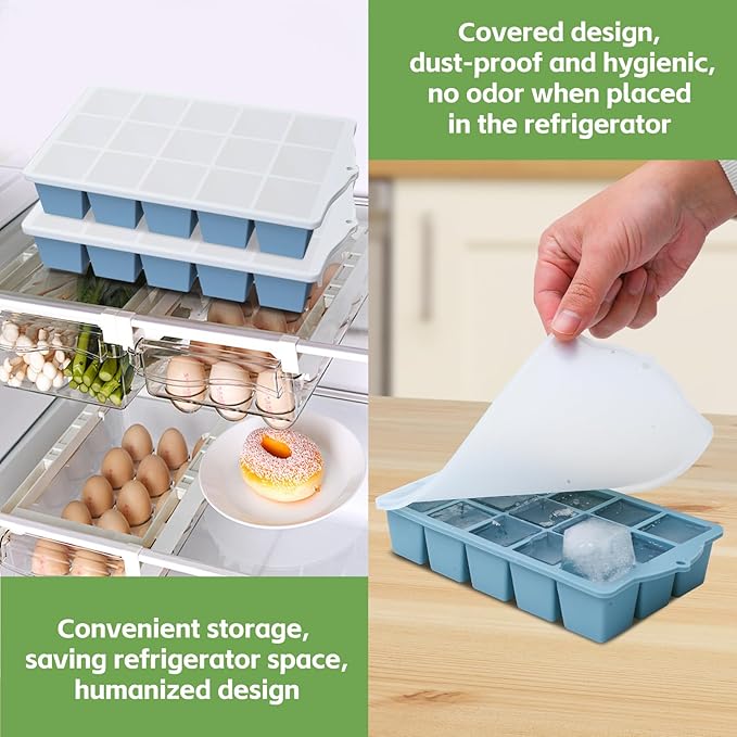 FANYITY Silicone Ice Cube Trays 2-Pack with Locks lids,Easy Release Ice Molds for Freezer,Perfect for Cocktails, Whiskey, Coffee
