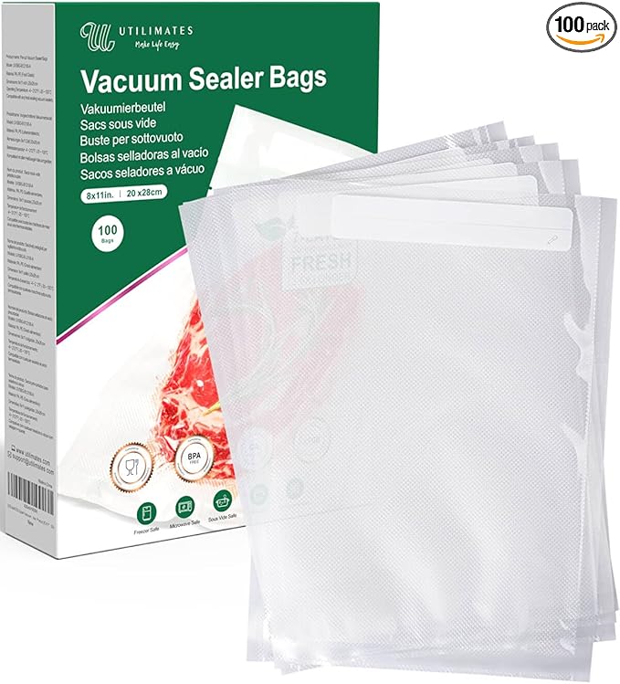 Quart Vacuum Sealer Bags for Food, 8x11 Inch, BPA Free Heavy Duty Vacuum Seal Bags for Food Saver, Freezer, Seal a Meal, Sous Vide, Meal Prep, Preprinted Labeling Area, Precut 100 count