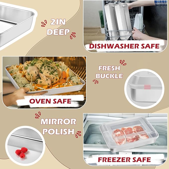 Leonyo Bakeware Cake Pan with Lid, 9.3 x 7 Inch Rectangle Lasagna Pan with Lid, Stainless Steel Baking Trays for Commercial Kitchen, Focaccia Bread, Casserole Dish - 2 Inch Deep, Refrige & Oven Safe