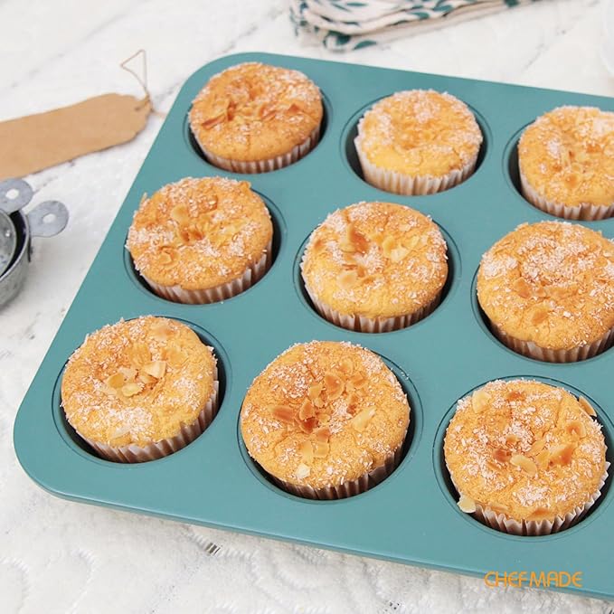 CHEFMADE Muffin Pan, 12 Cups Non-Stick Cupcake Baking Pan Heavy Duty Carbon Steel Pan Muffin Tins Standard Baking Mold for Cakes（Green）