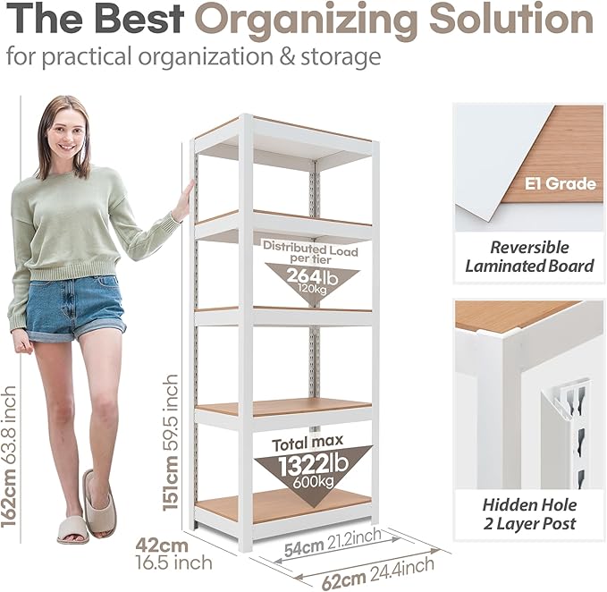 HOMEDANT House 5 Tier 24.4" W Laminated Metal Shelving Unit Adjustable Storage Utility Rack Heavy Duty Shelves Organization Multipurpose Shelf Kitchen Garage Pantry Closet 4 Pack