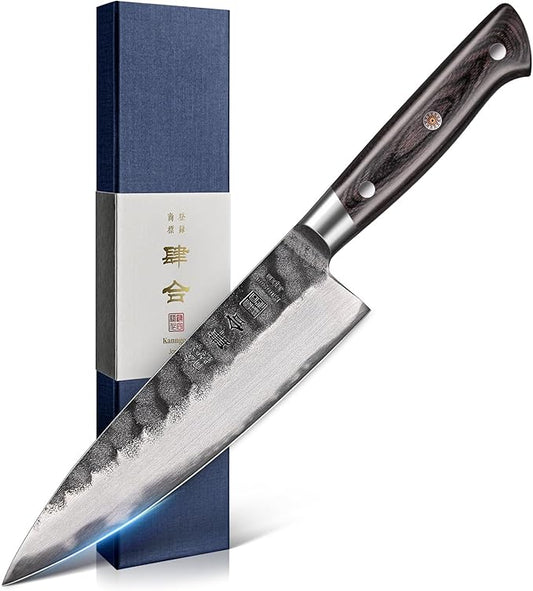8 Inch Chef Knife, Japanese Chefs Knife Black Forged Kitchen Knife with AUS-8 Alloy Steel and Full Tang Pakkawood Handle, Christmas Gift with Premium Box