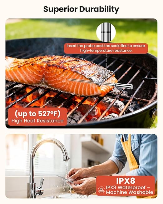 Smart Bluetooth Wireless Meat Thermometer with WiFi - High Accuracy ±0.5°F, 6 Sensors with NIST Certified Accuracy, Smart LED Base, Long-Range WiFi for BBQ, Grill, Smoker, Oven, Rotisserie