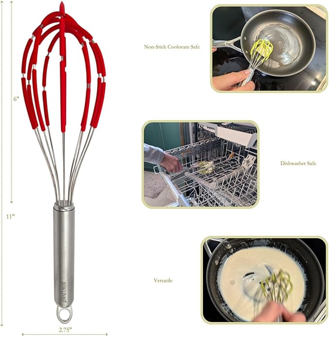 Balloon Silicone Egg Whisk with Spatula Scraper Wires, 18/10 Stainless Steel, Non-Stick Pan Safe, Ergonomic Tube Handle Perfect for Blending, Whisking, Beating and Stirring, 11 inch (Red)