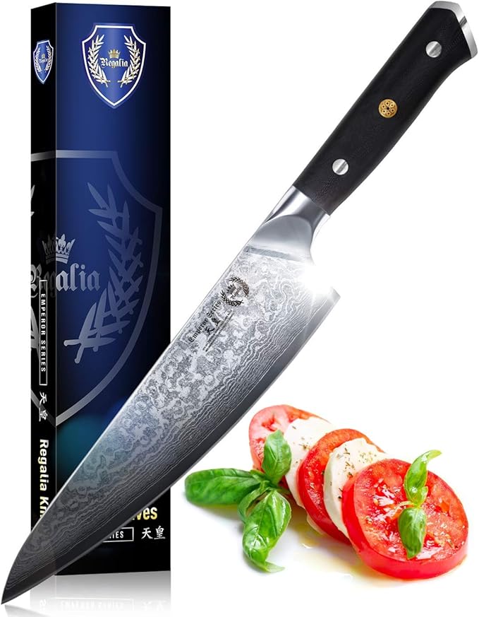Regalia Chef Knife: Best Professional Quality Japanese Damascus Gyuto 8 Inch AUS10 Super Steel 67 Layer, Razor Sharp, Superb Edge Retention, Stain & Corrosion Resistant Chefs Knives