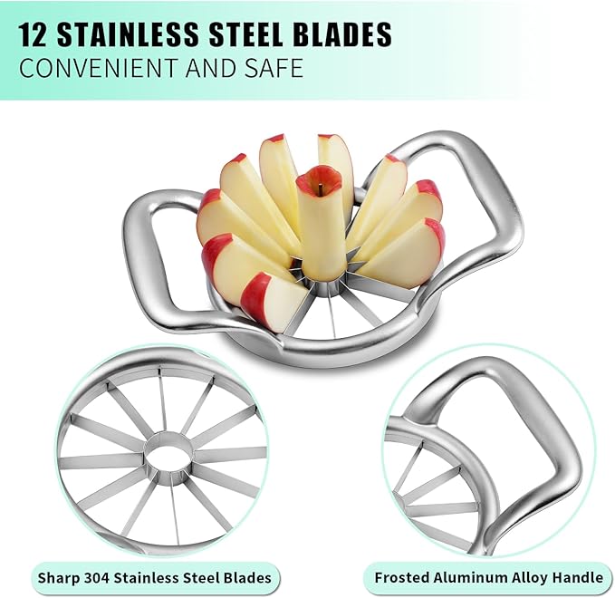 LIIGEMI 5.5 Inch Extra Large Apple Slicer,12-Slice Thin Apple Slicer and Corer,Cutter, Divider, Wedger for Fruits and Vegetables，Gifts for Mom，Sharp and Sturdy，Easy to Use（Silver）