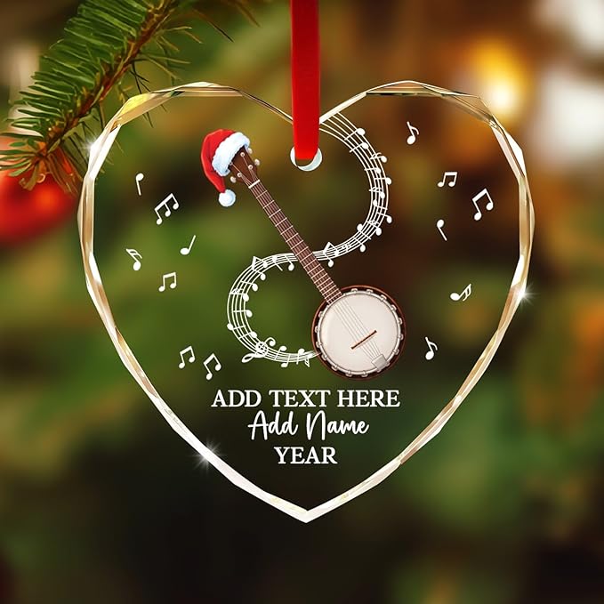 Customized Banjo Musical Instrument Glass Ornaments, Personalized Banjo Christmas Ornament with Text Name Year, 2025 Christmas Ornament Gift for Banjoist/Teacher/Student, Musician Keepsake