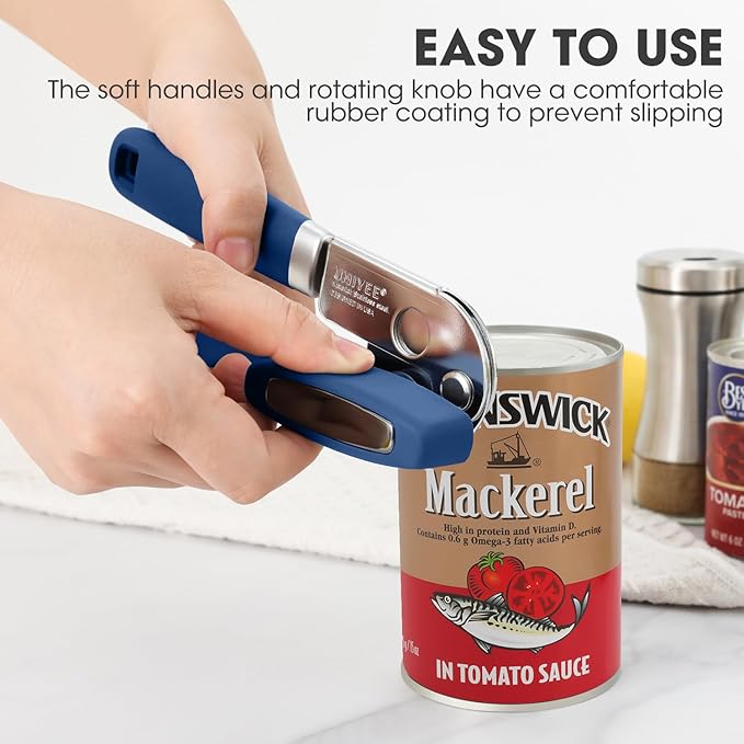 Manual Can Opener, UHIYEE Handheld Can Opener Heavy Duty with High Carbon Sharp Blade, Ease Can Open for Seniors with Comfort Grip Handles, Oversized Turn Knob, Blue