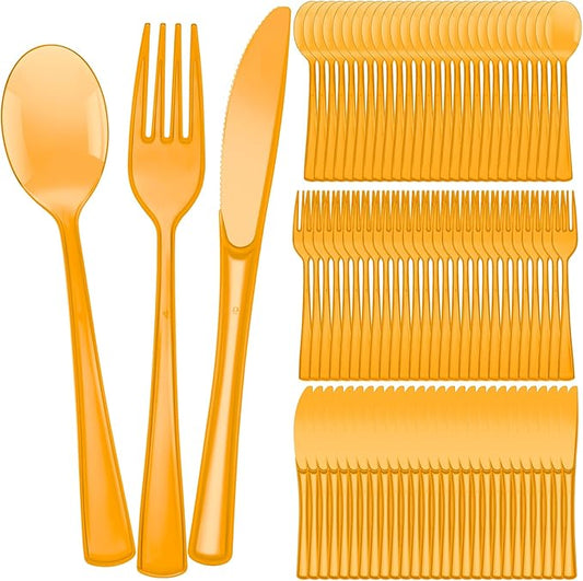 Minatee 150 Pieces Disposable Cutlery Set Plastic Silverware Heavy Duty Utensil Sets 50 Forks 50 Knives 50 Spoons for Home Office School Party Picnics Restaurant Outdoor Events(Orange)