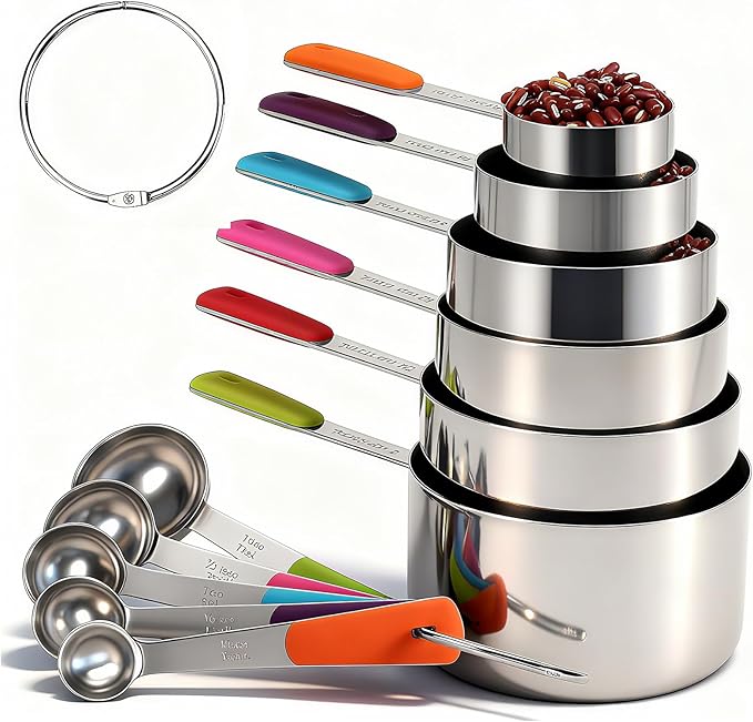 Measuring Cups and Spoons Set, Stainless Steel 11 Piece for Cooking and Baking (6 Cups + 5 Spoons, Colorful Handles)