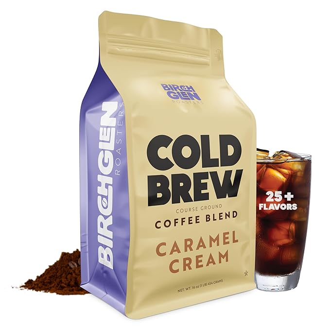Birch Glen Roasters Cold Brew Coffee | Flavored Coarse Ground Coffee | Artisanal Roasting | Medium Roast |100% Arabica |1 LB Bag | Caramel Cream