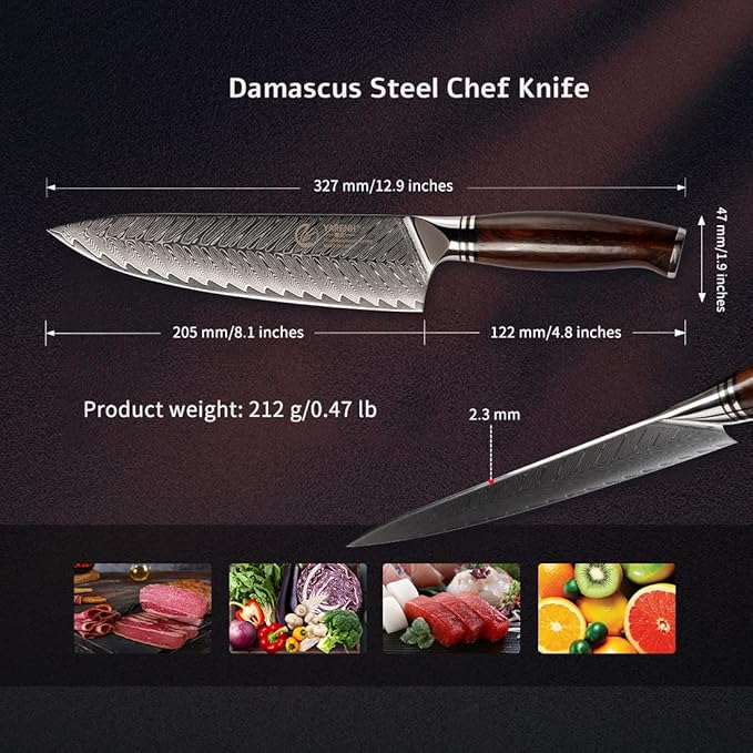 YARENH Damascus Chef Knife 8 Inch with Sheath, Professional Kitchen Knife, 73 Layers Damascus High Carbon Steel, Full Tang Sandalwood Handle, FYW Series