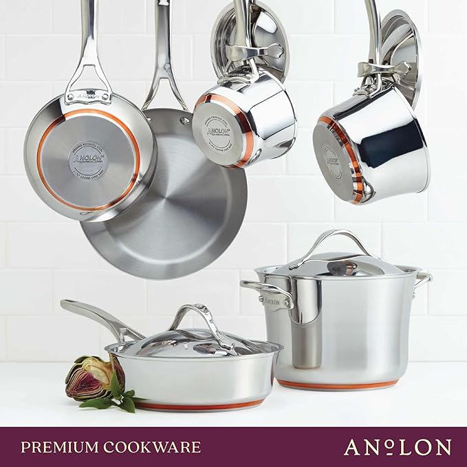 Anolon Nouvelle Stainless Stainless Steel Frying Pan / Fry Pan / Stainless Steel Skillet with Lid - 12 Inch, Silver